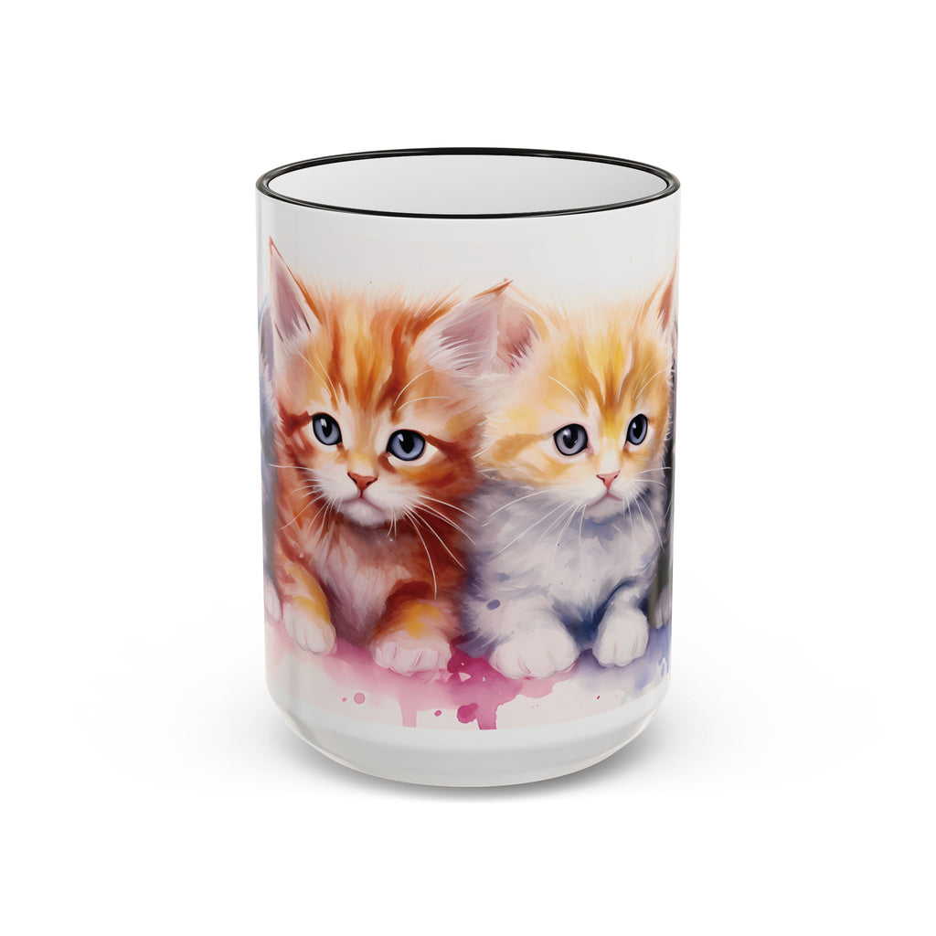 Modern Kitten Art Mug — Accent Rim & Handle Ceramic Coffee Cup (15oz)