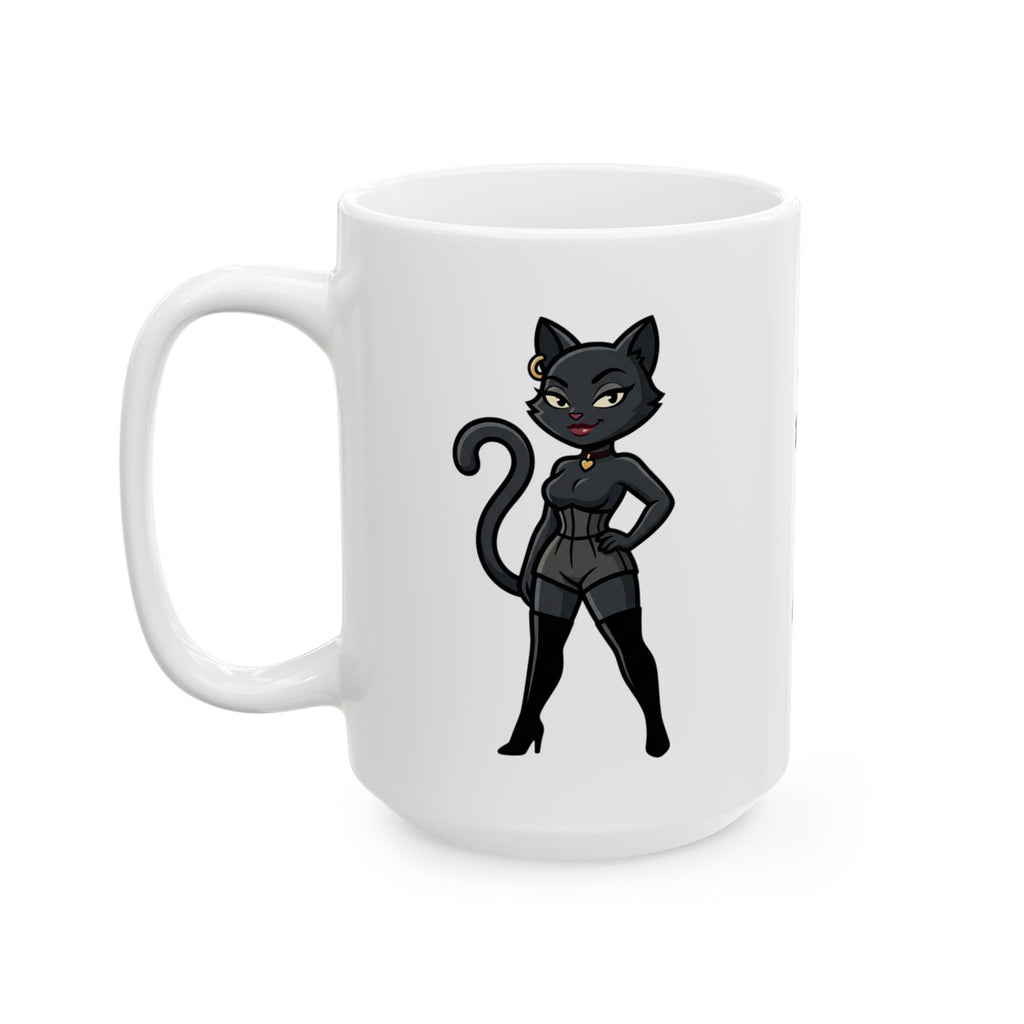 White mug with a black cat illustration on a white background