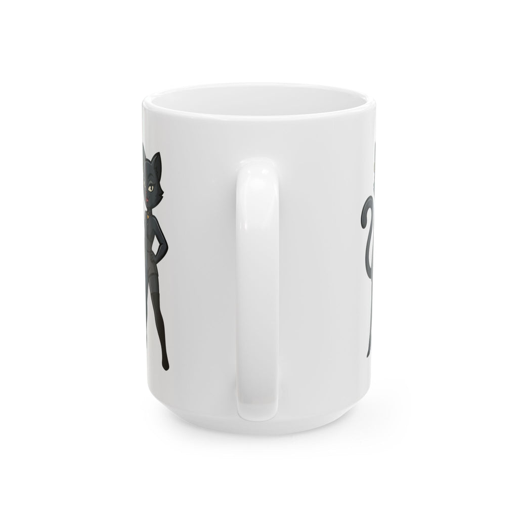 White mug with black cat silhouette design on a white background